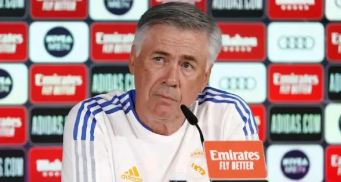 Carlo Ancelotti, entraineur du Real Madrid, en confÃ©rence de presse =